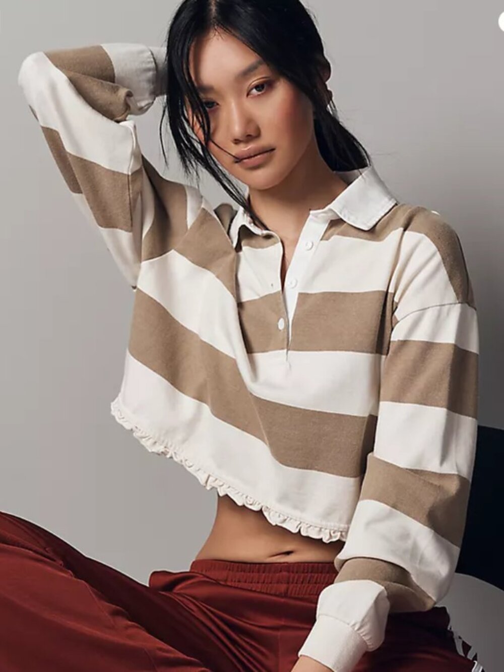 The Upside Duke Cropped Polo Beige & Ivory Stripe, S